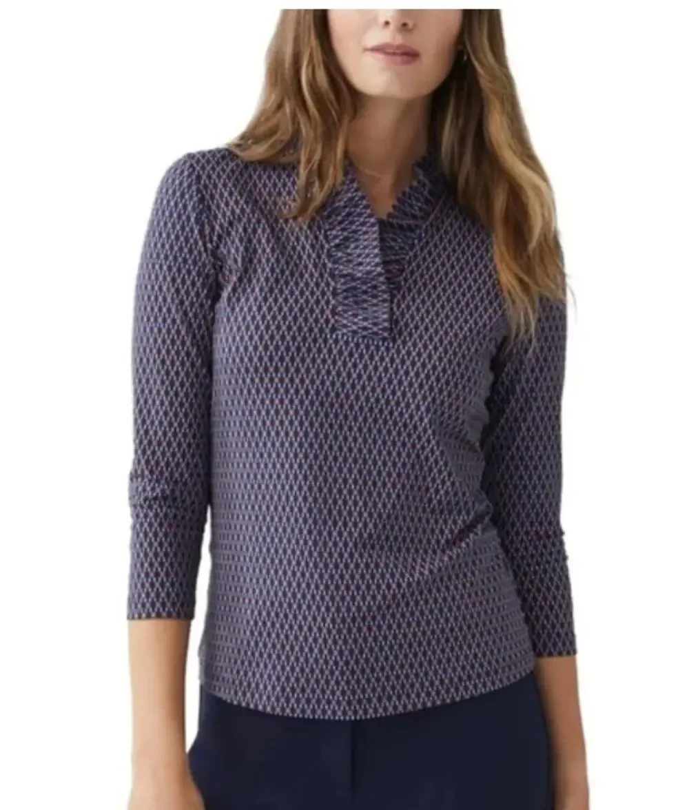J McLaughlin Durham Ruffle Top Navy Blue Brown Geo Print XS Preppy 3/4 Sleeve